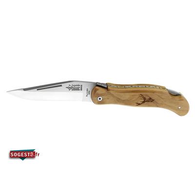 Couteau LAGUIOLE modèle Chasse décor gravé cerf par G.DAVID manche olivier 12 cm