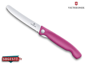 Couteau office pliant Victorinox lame crantée bout arrondi manche rose