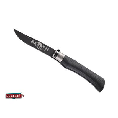 Couteau OLD BEAR TOTAL BLACK Virole Grise manche 13 cm en bois d'ayous stratifié noir.