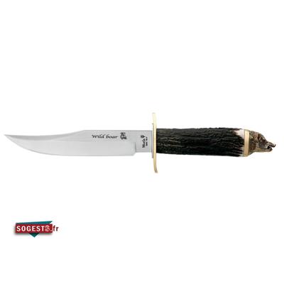 Poignard MUELA WILDBOAR manche cerf 16 cm avec tête de sanglier laiton en bout