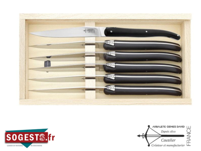 Coffret 6 couteaux table Laguiole G. DAVID, 23 cm, inox, plein manche en polyoxyméthylène (POM) noir.