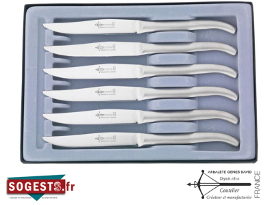 Coffret 6 couteaux table Laguiole G. DAVID monobloc, 23 cm, inox microdentés. 