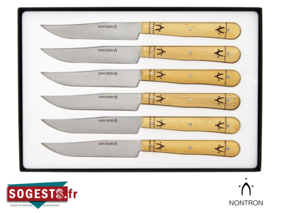 Coffret 6 couteaux table NONTRON, lame yatagan acier inox T12 satiné, 21 cm, manche rond en buis pyrogravé. 