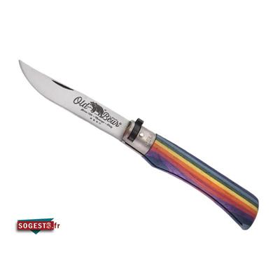 Couteau OLD BEAR RAINBOW manche 13 cm bois d'ayous stratifié multicolore.