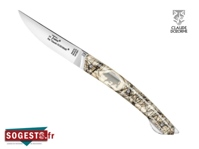 Couteau « Le Thiers® Verrou » par Claude DOZORME manche 12 cm avec inclusion de soies de sanglier et motif sanglier acier, en coffret.