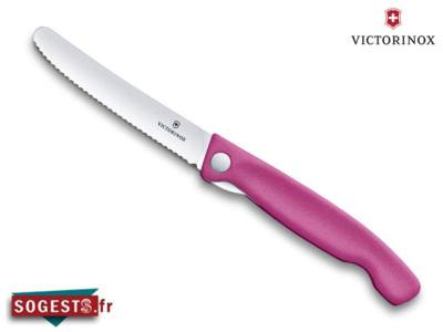 Couteau office pliant Victorinox lame crantée bout arrondi manche rose