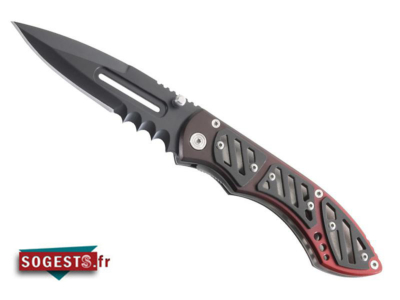 Couteau HERBERTZ lame noire semi-dentée acier 420 à trou, cran intérieur et bouton double