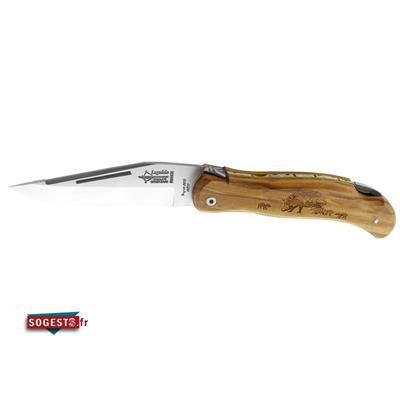 Couteau LAGUIOLE modèle Chasse décor gravé sanglier par G.DAVID manche olivier 12 cm